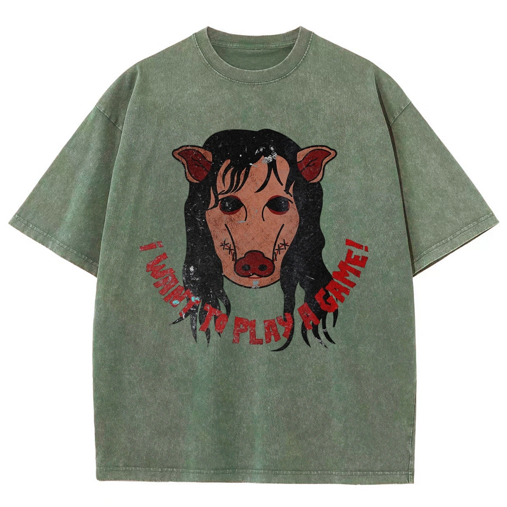  Pig Horror Mask Slogan Print Casual Washed T-Shirt