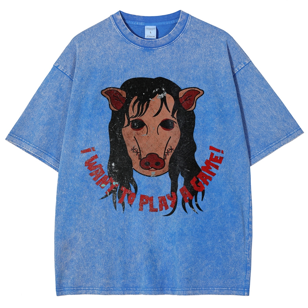  Pig Horror Mask Slogan Print Casual Washed T-Shirt