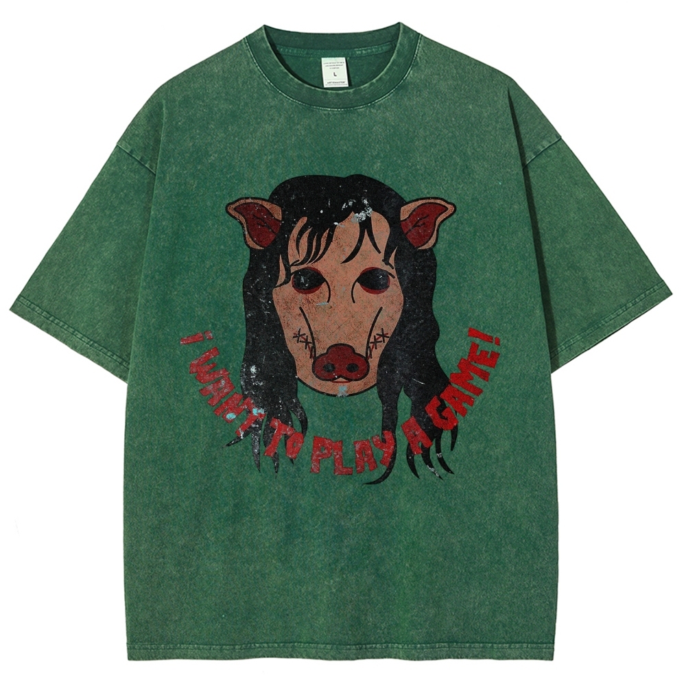  Pig Horror Mask Slogan Print Casual Washed T-Shirt