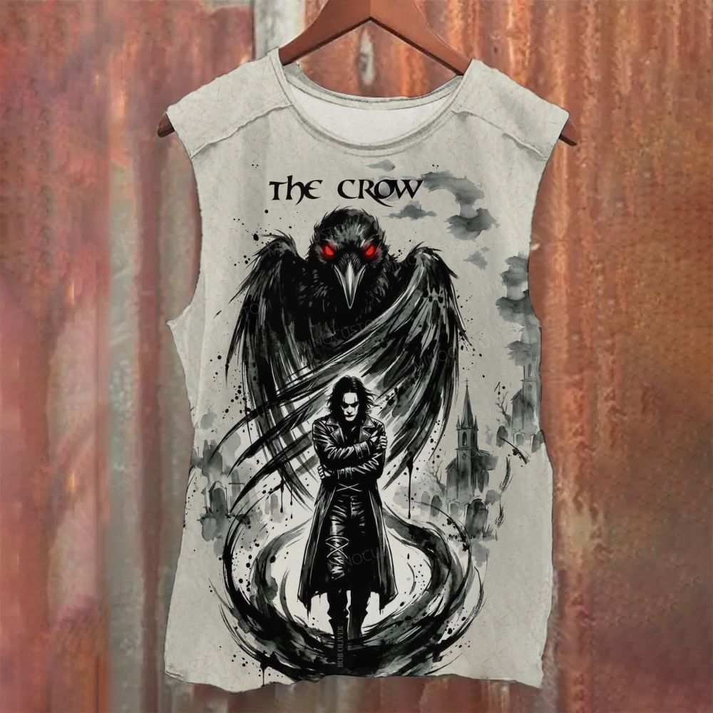 Vintage Ink Wash Raven Figure Graphic Printed Tank Top 