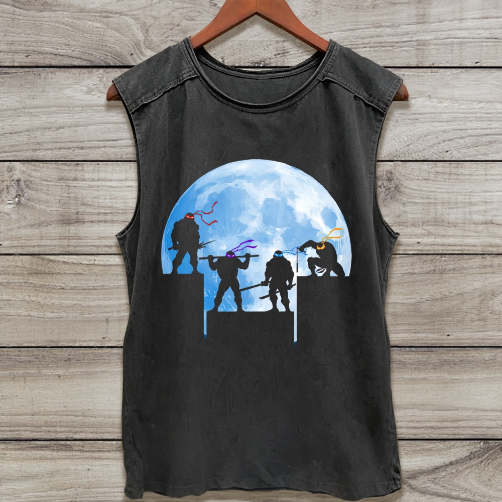 Blue Moon Ninja Turtle Silhouette Rooftop Scene Washed Tank Top 