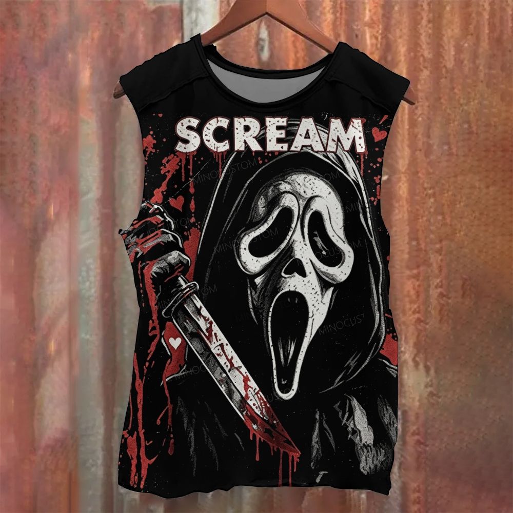 Vintage Grunge Horror Mask Figure Blood Splatter Graphic Tank Top