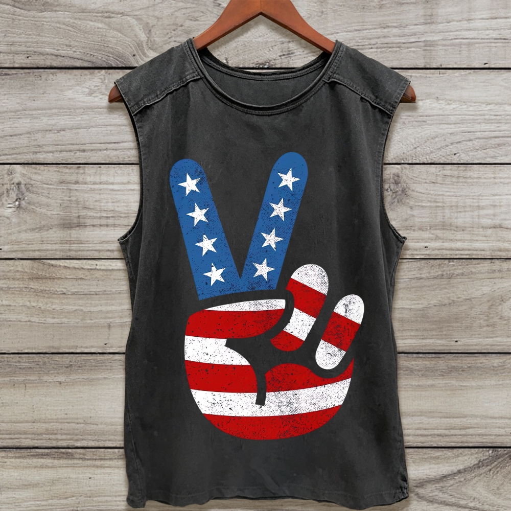 Dark USA Flag Peace Hand Distressed Print Washed Tank Top