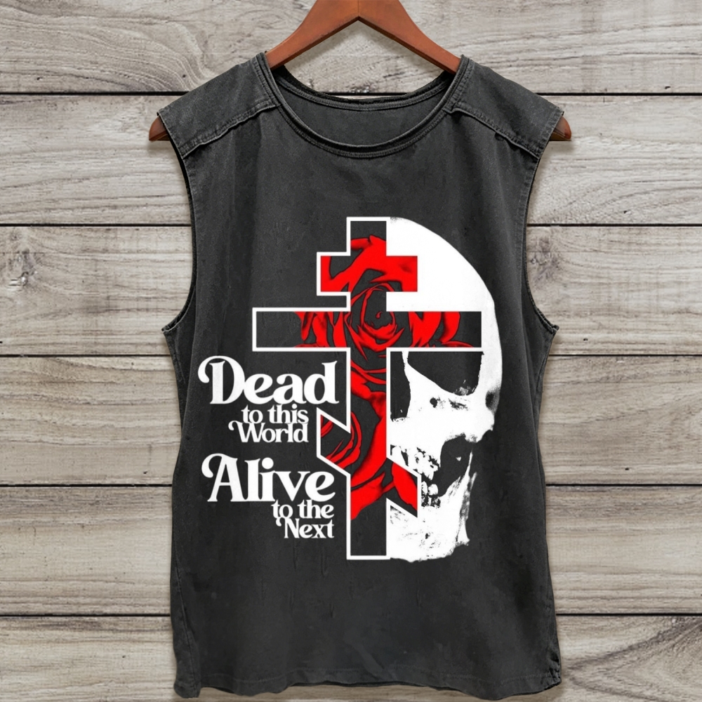 Dark Cross Red Rose Skull Gothic Slogan Graphic Washed Tank Top