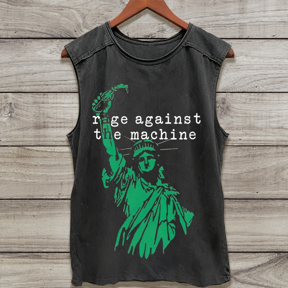 Dark Green Statue Of Liberty Rock Band Quote Print  Washed Tank Top