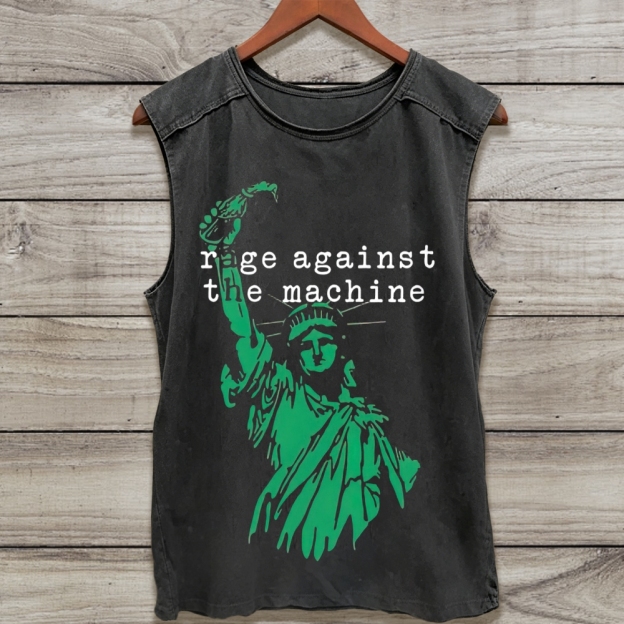 Dark Green Statue Of Liberty Rock Band Quote Print  Washed Tank Top