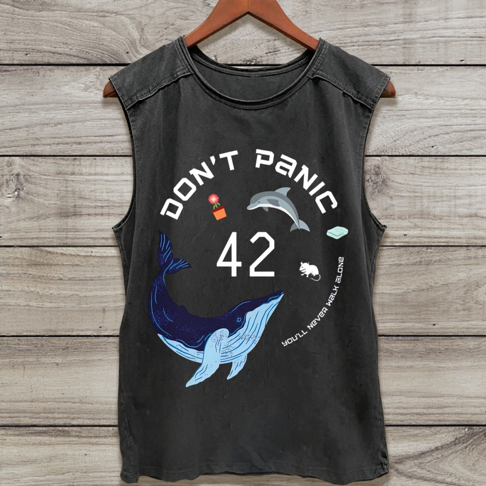 Dark Space Whale Dolphin 42 Don't Panic Sci-Fi Graphic  Washed Tank Top