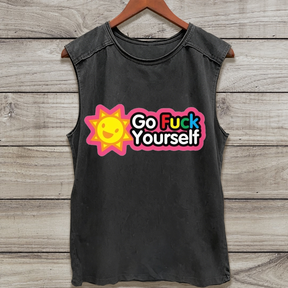 Dark Rainbow Cute Sun Cartoon Vulgar Funny Slogan Washed Tank Top