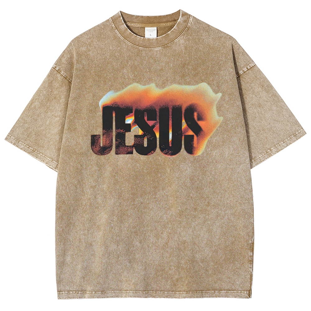 Gradient Fire Jesus Text Retro Casual Washed T-Shirt