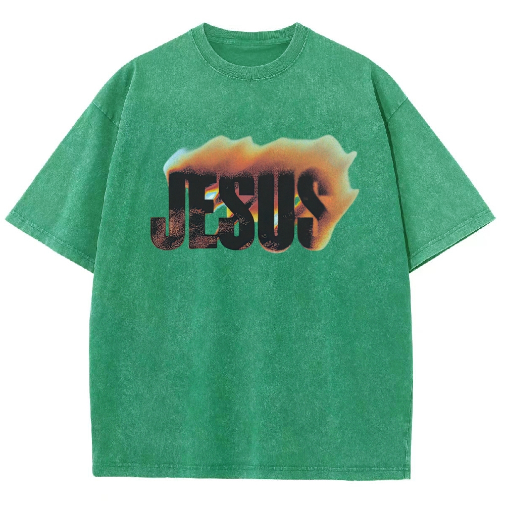 Gradient Fire Jesus Text Retro Casual Washed T-Shirt