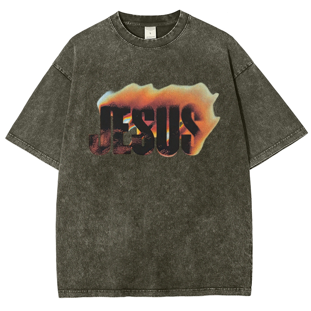 Gradient Fire Jesus Text Retro Casual Washed T-Shirt
