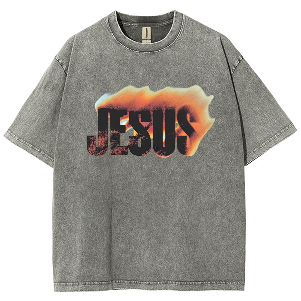 Gradient Fire Jesus Text Retro Casual Washed T-Shirt