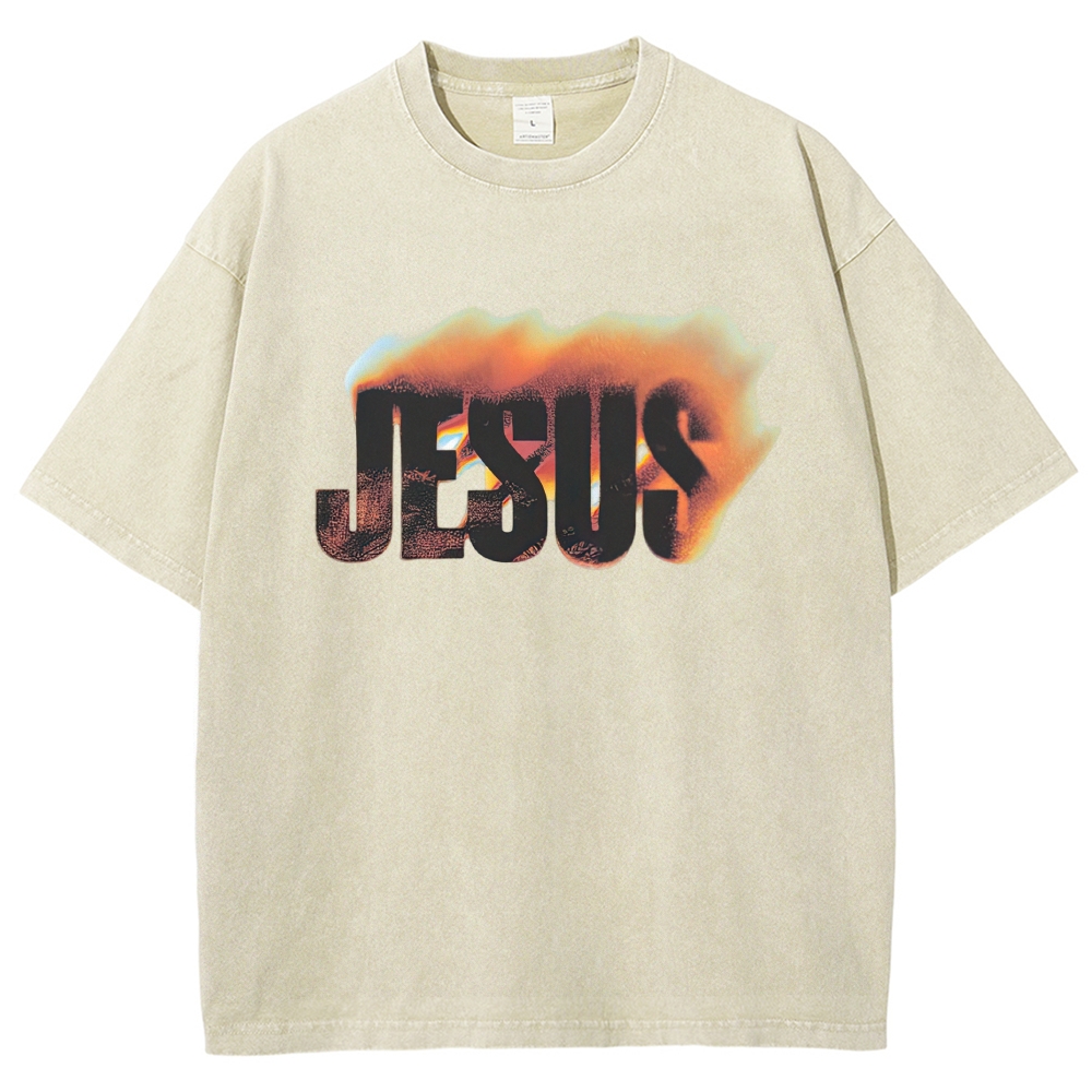 Gradient Fire Jesus Text Retro Casual Washed T-Shirt