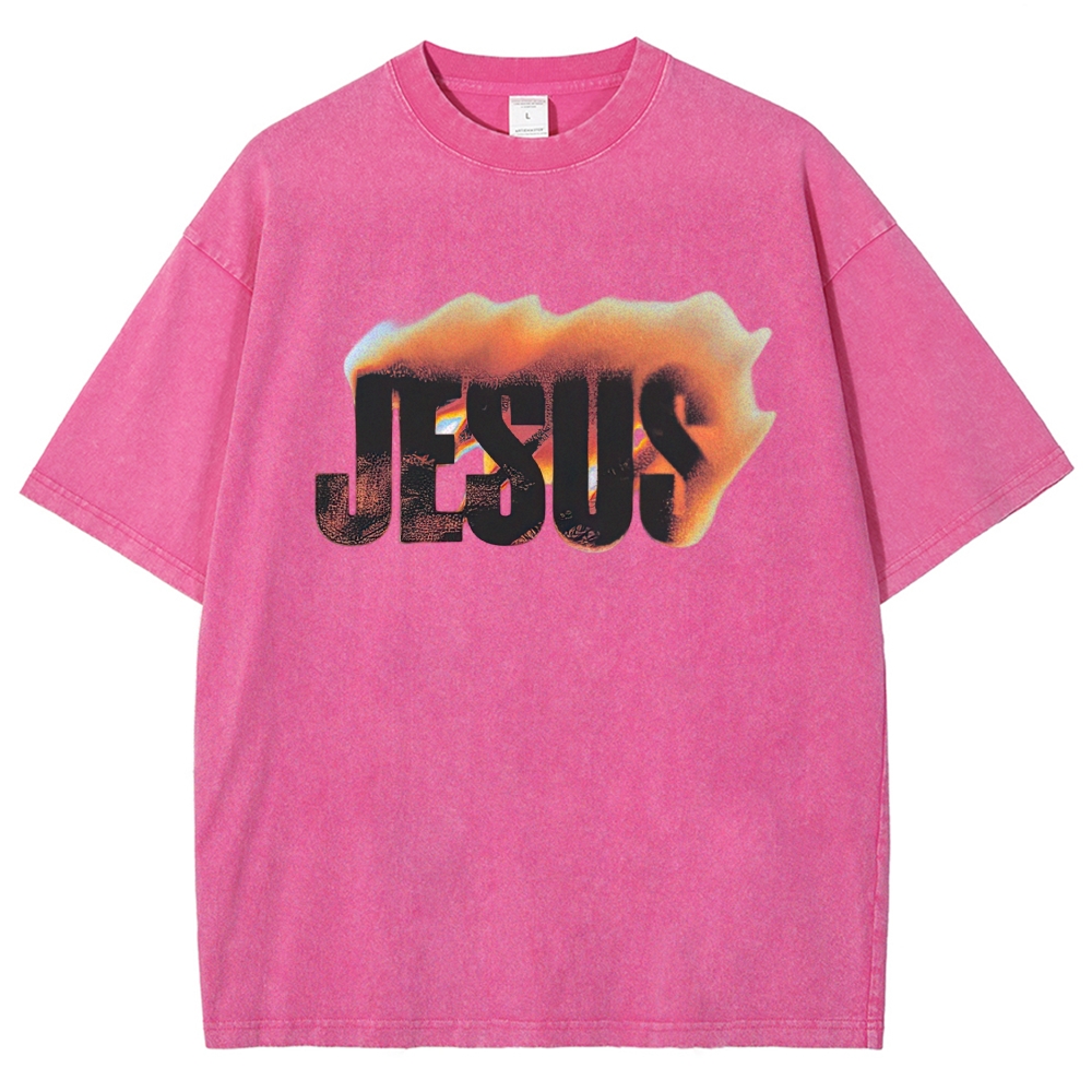 Gradient Fire Jesus Text Retro Casual Washed T-Shirt