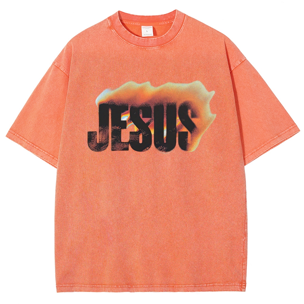 Gradient Fire Jesus Text Retro Casual Washed T-Shirt