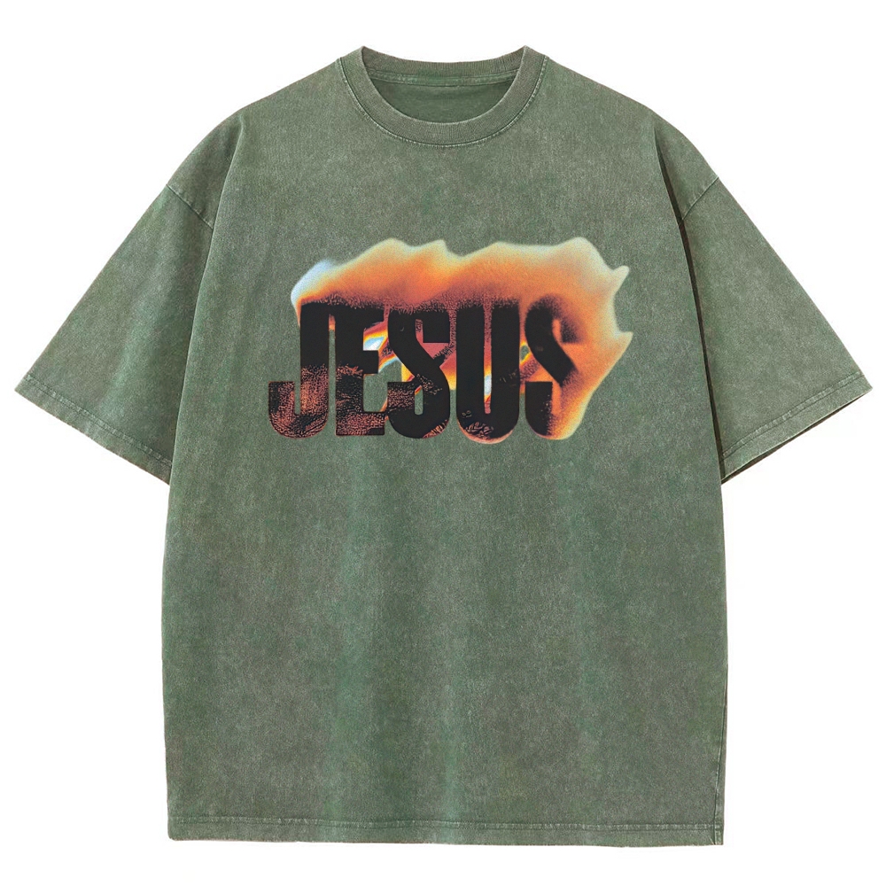 Gradient Fire Jesus Text Retro Casual Washed T-Shirt