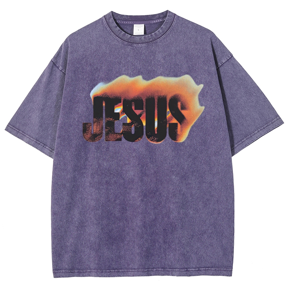 Gradient Fire Jesus Text Retro Casual Washed T-Shirt