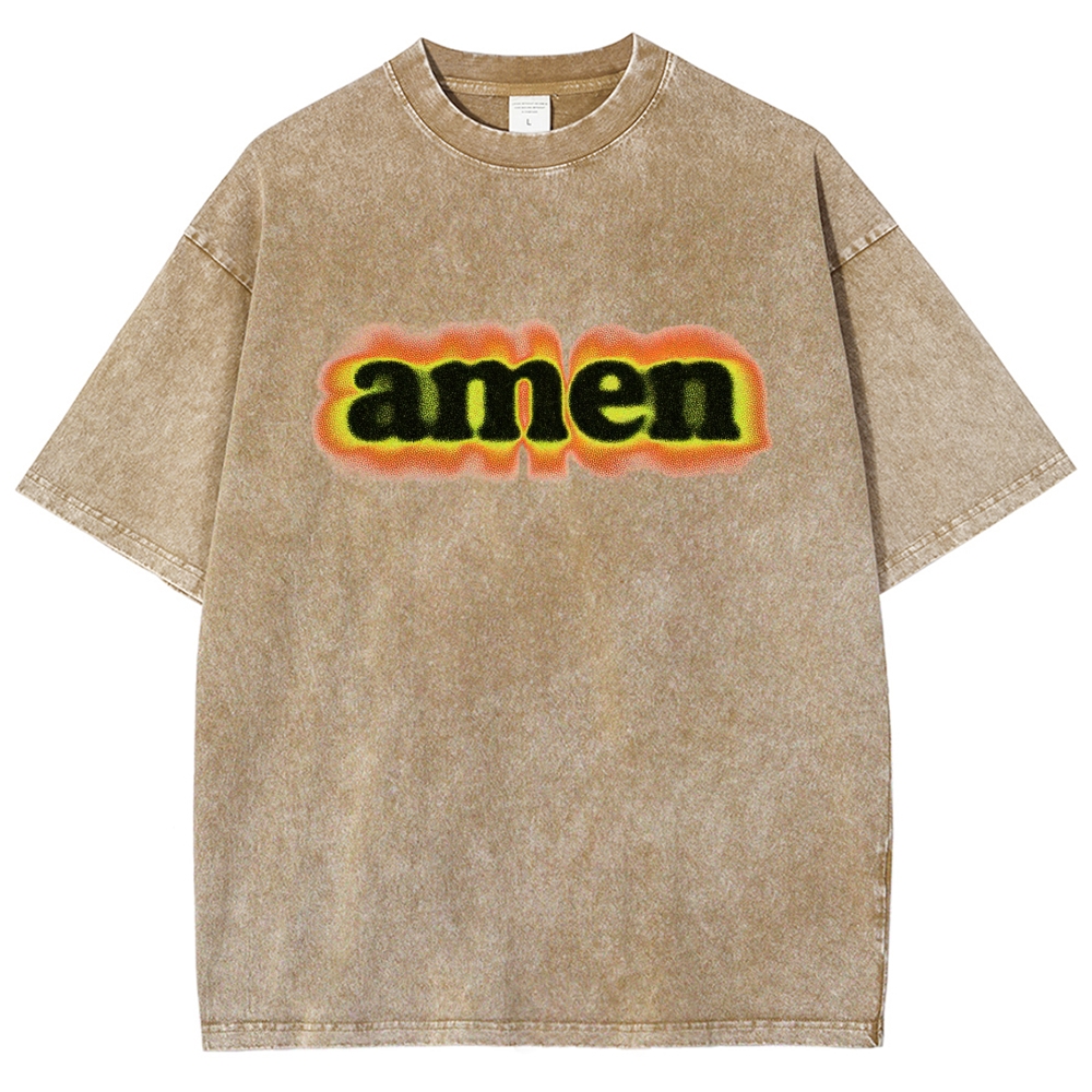 Green Orange Gradient Amen Spray Paint Text Washed T-Shirt