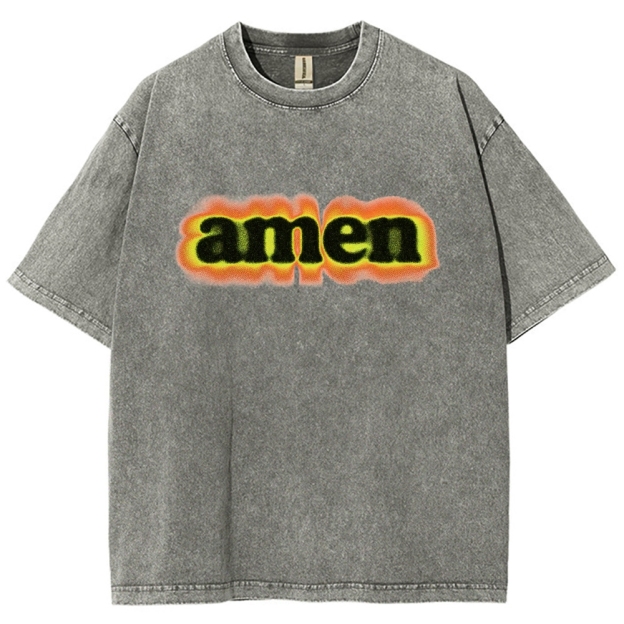 Green Orange Gradient Amen Spray Paint Text Washed T-Shirt