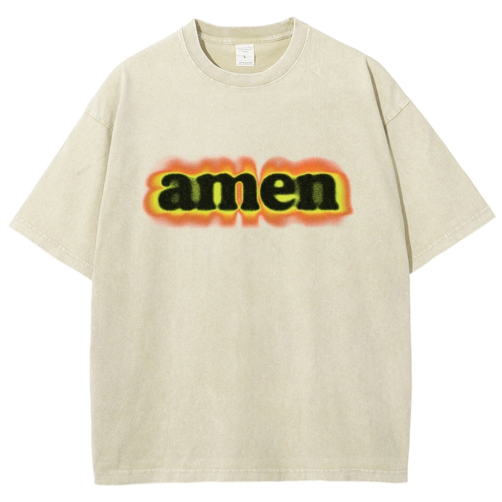Green Orange Gradient Amen Spray Paint Text Washed T-Shirt