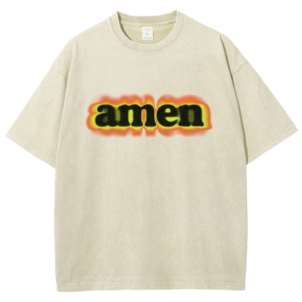 Green Orange Gradient Amen Spray Paint Text Washed T-Shirt