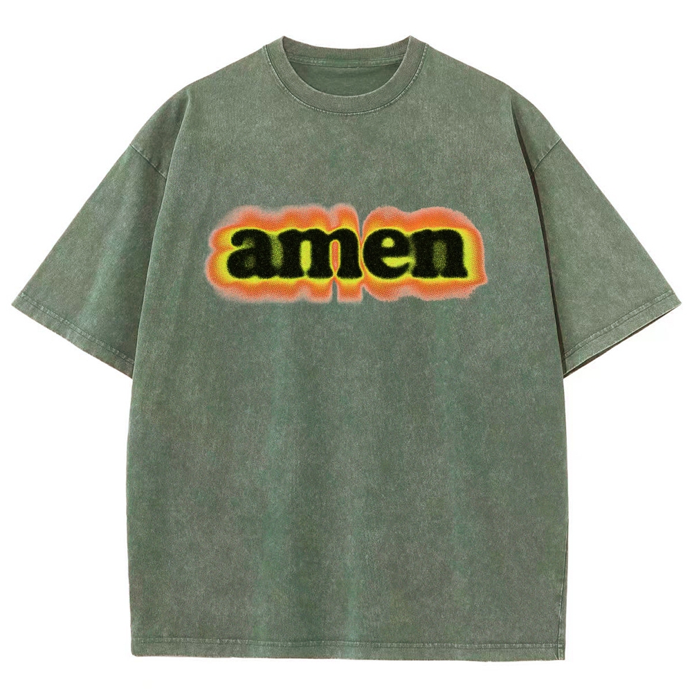 Green Orange Gradient Amen Spray Paint Text Washed T-Shirt