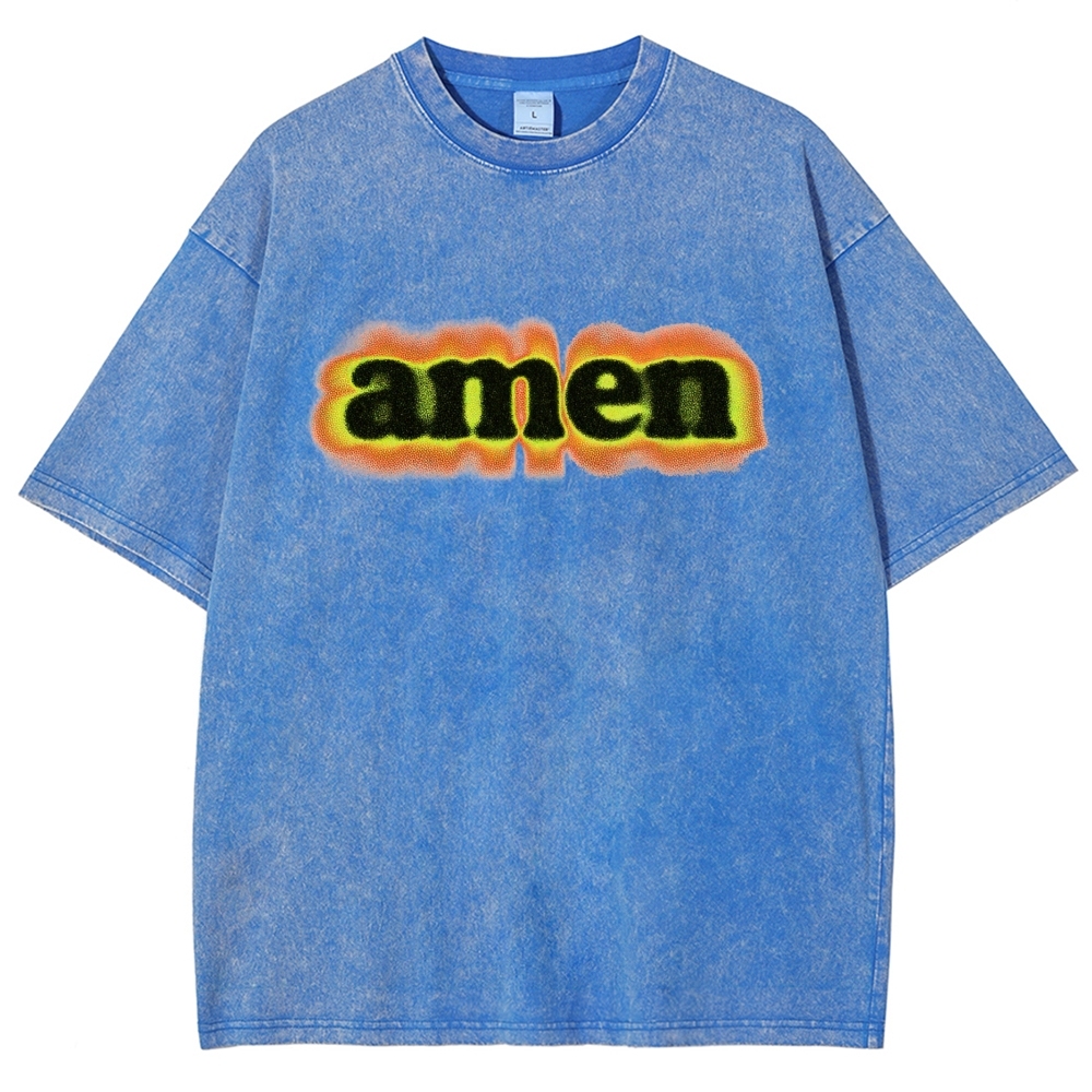 Green Orange Gradient Amen Spray Paint Text Washed T-Shirt