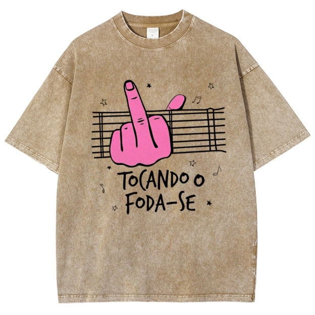 Middle Finger Music Staff Portuguese Funny Slogan Washed T-Shirt