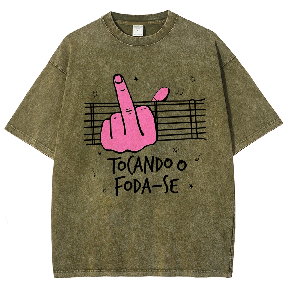 Middle Finger Music Staff Portuguese Funny Slogan Washed T-Shirt