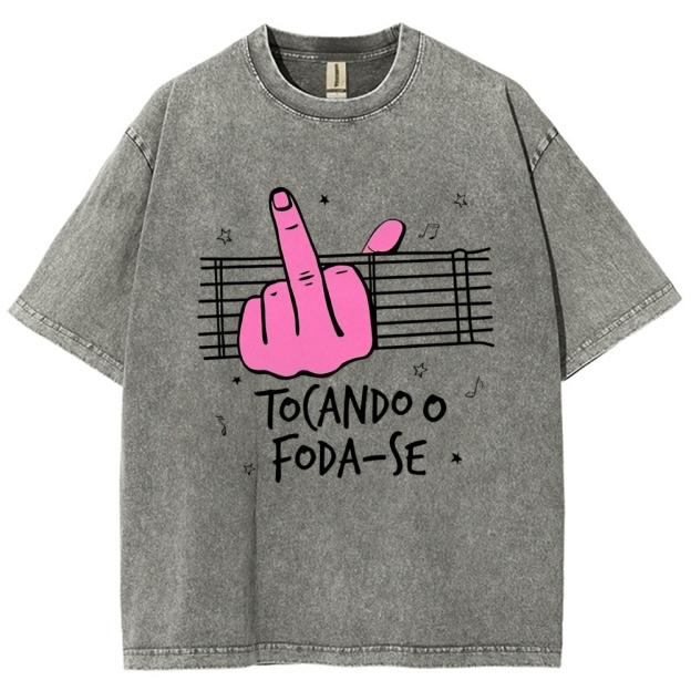 Middle Finger Music Staff Portuguese Funny Slogan Washed T-Shirt