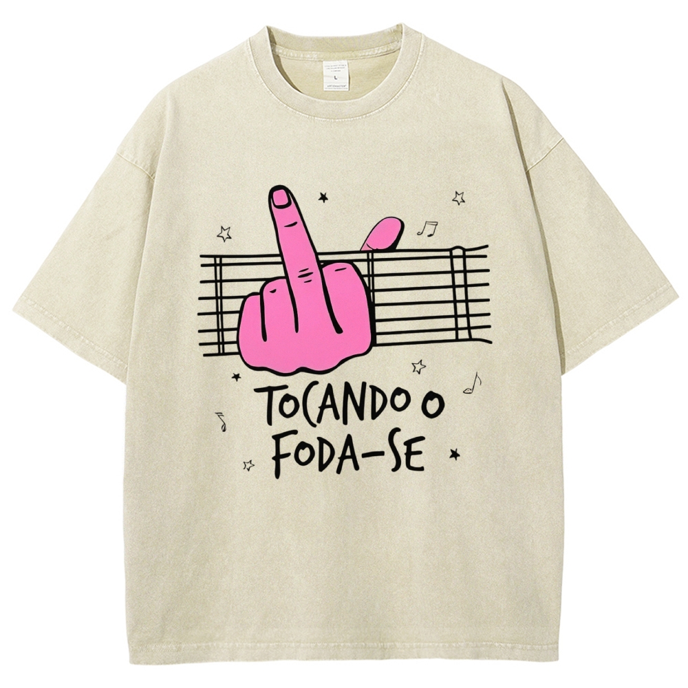 Middle Finger Music Staff Portuguese Funny Slogan Washed T-Shirt