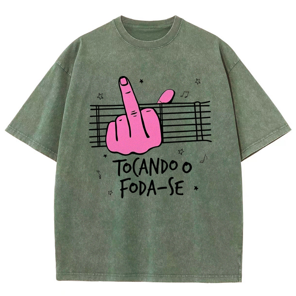 Middle Finger Music Staff Portuguese Funny Slogan Washed T-Shirt