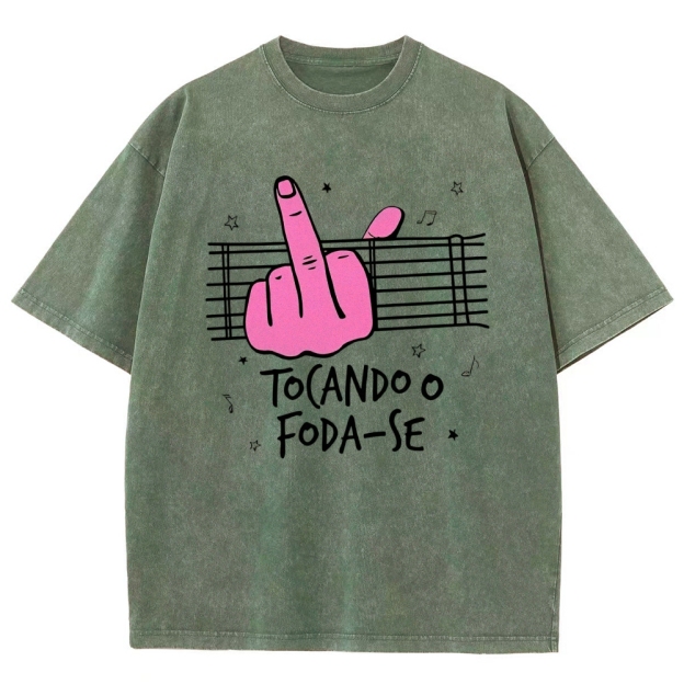 Middle Finger Music Staff Portuguese Funny Slogan Washed T-Shirt