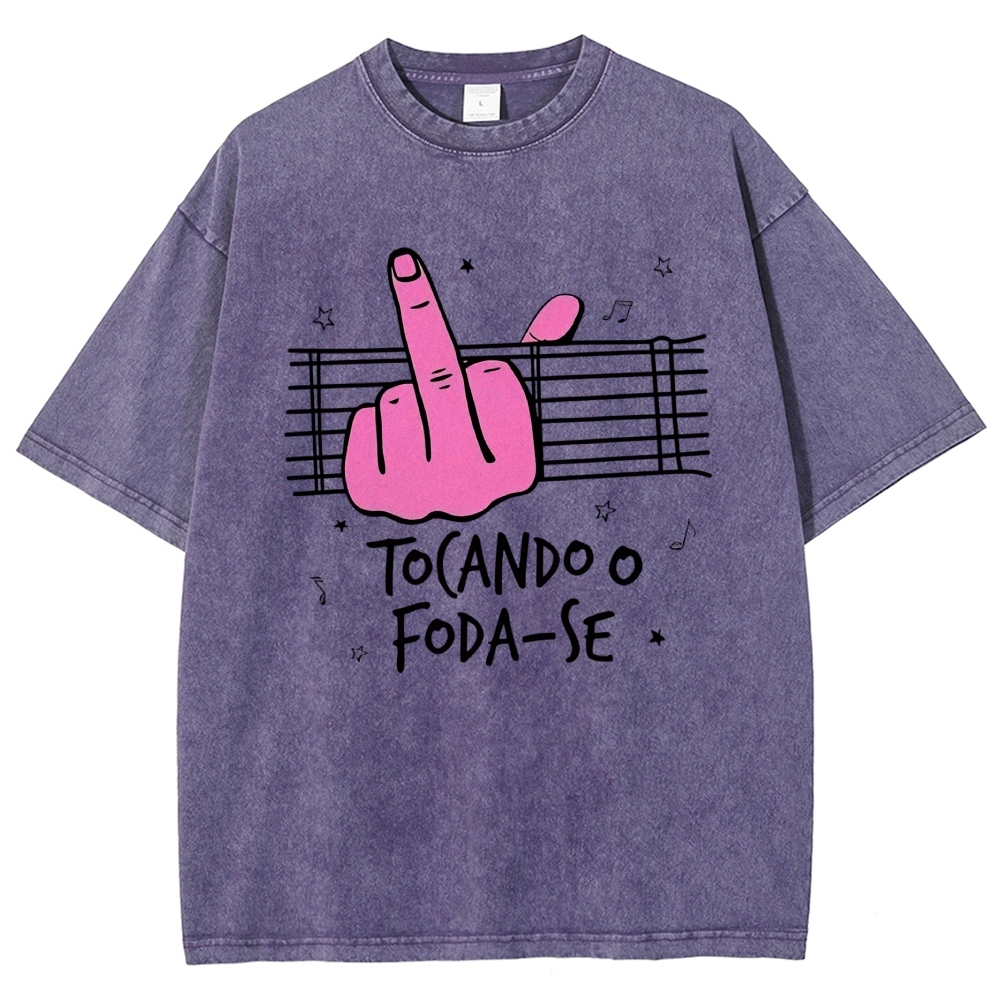 Middle Finger Music Staff Portuguese Funny Slogan Washed T-Shirt