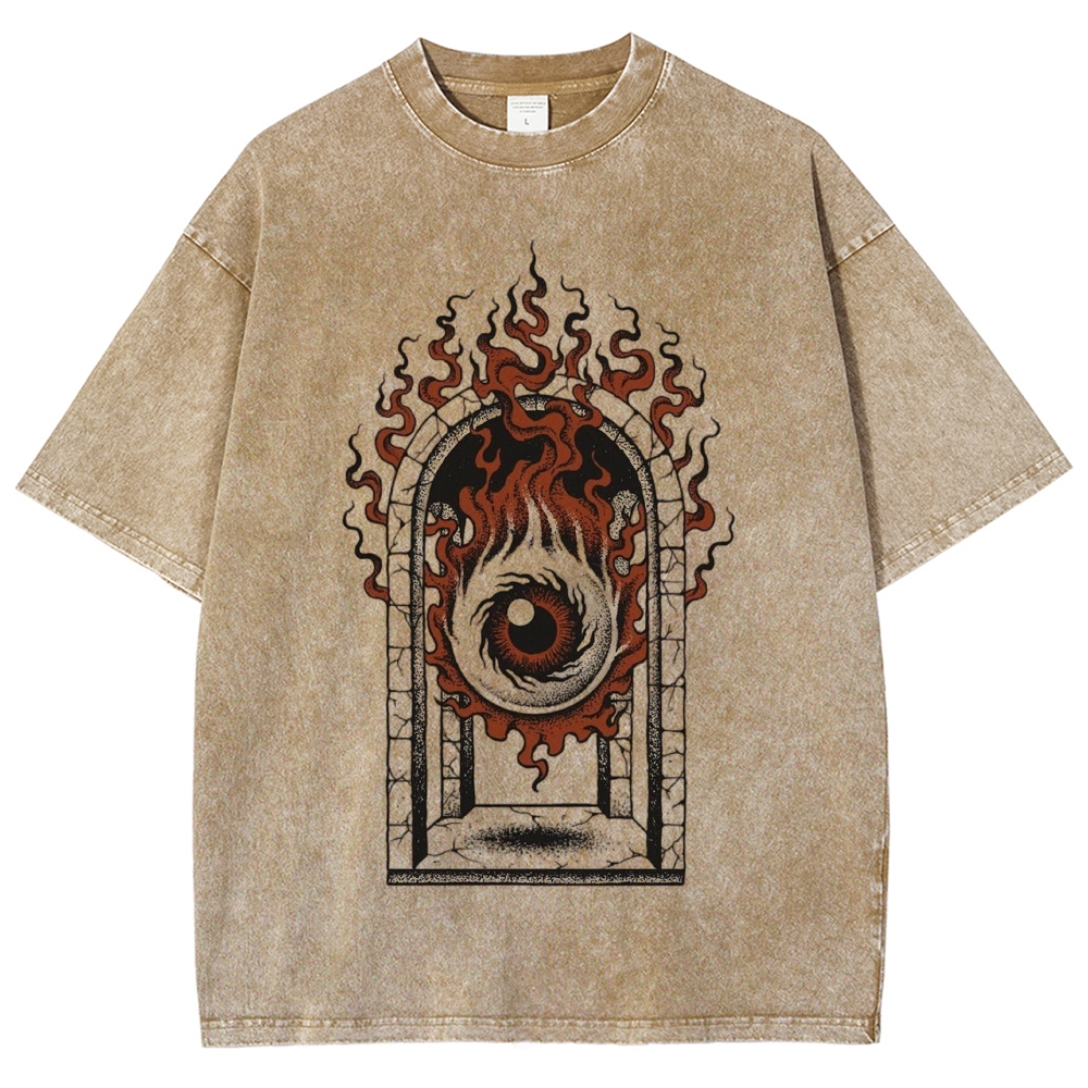 Gothic Flaming All-Seeing Eye Arch Window Dark Art Washed T-Shirt 
