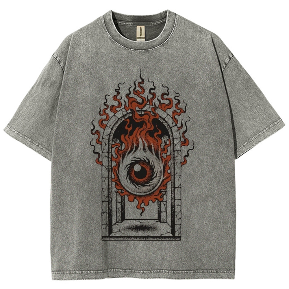 Gothic Flaming All-Seeing Eye Arch Window Dark Art Washed T-Shirt 