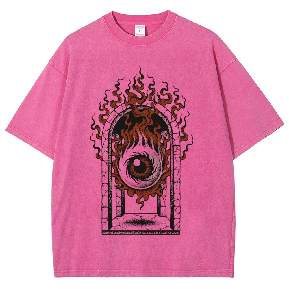 Gothic Flaming All-Seeing Eye Arch Window Dark Art Washed T-Shirt 