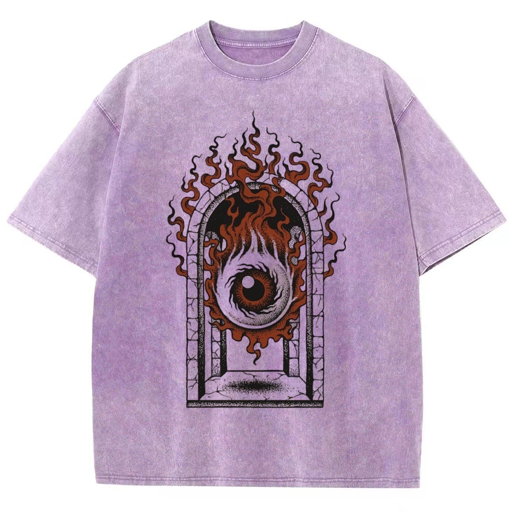 Gothic Flaming All-Seeing Eye Arch Window Dark Art Washed T-Shirt 