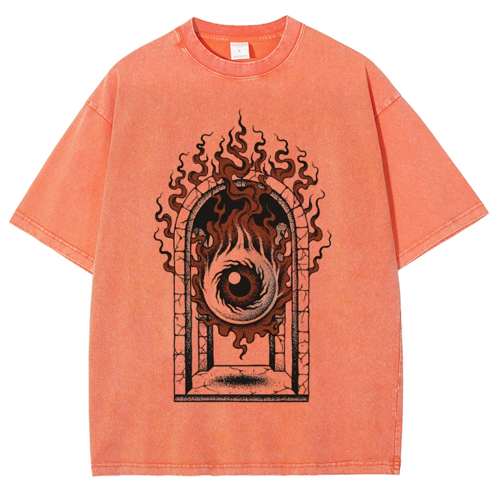 Gothic Flaming All-Seeing Eye Arch Window Dark Art Washed T-Shirt 