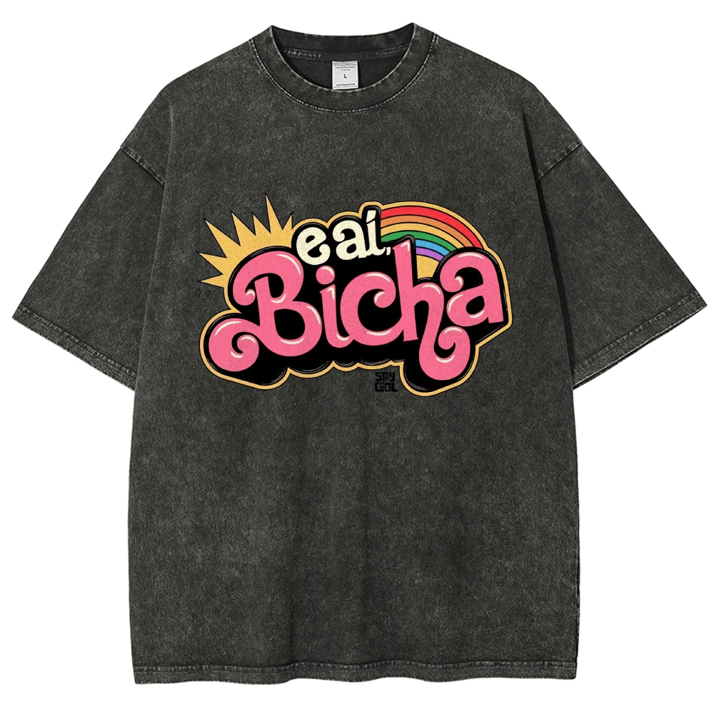 Retro Bubble Graffiti Rainbow Portuguese Slogan Washed T-Shirt
