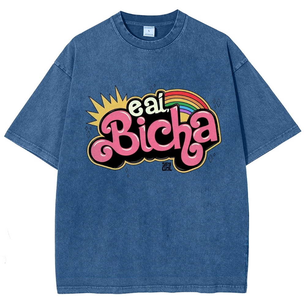 Retro Bubble Graffiti Rainbow Portuguese Slogan Washed T-Shirt