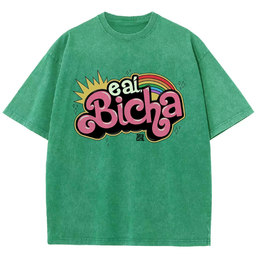 Retro Bubble Graffiti Rainbow Portuguese Slogan Washed T-Shirt
