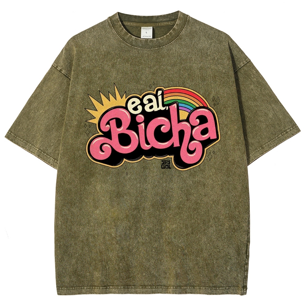 Retro Bubble Graffiti Rainbow Portuguese Slogan Washed T-Shirt