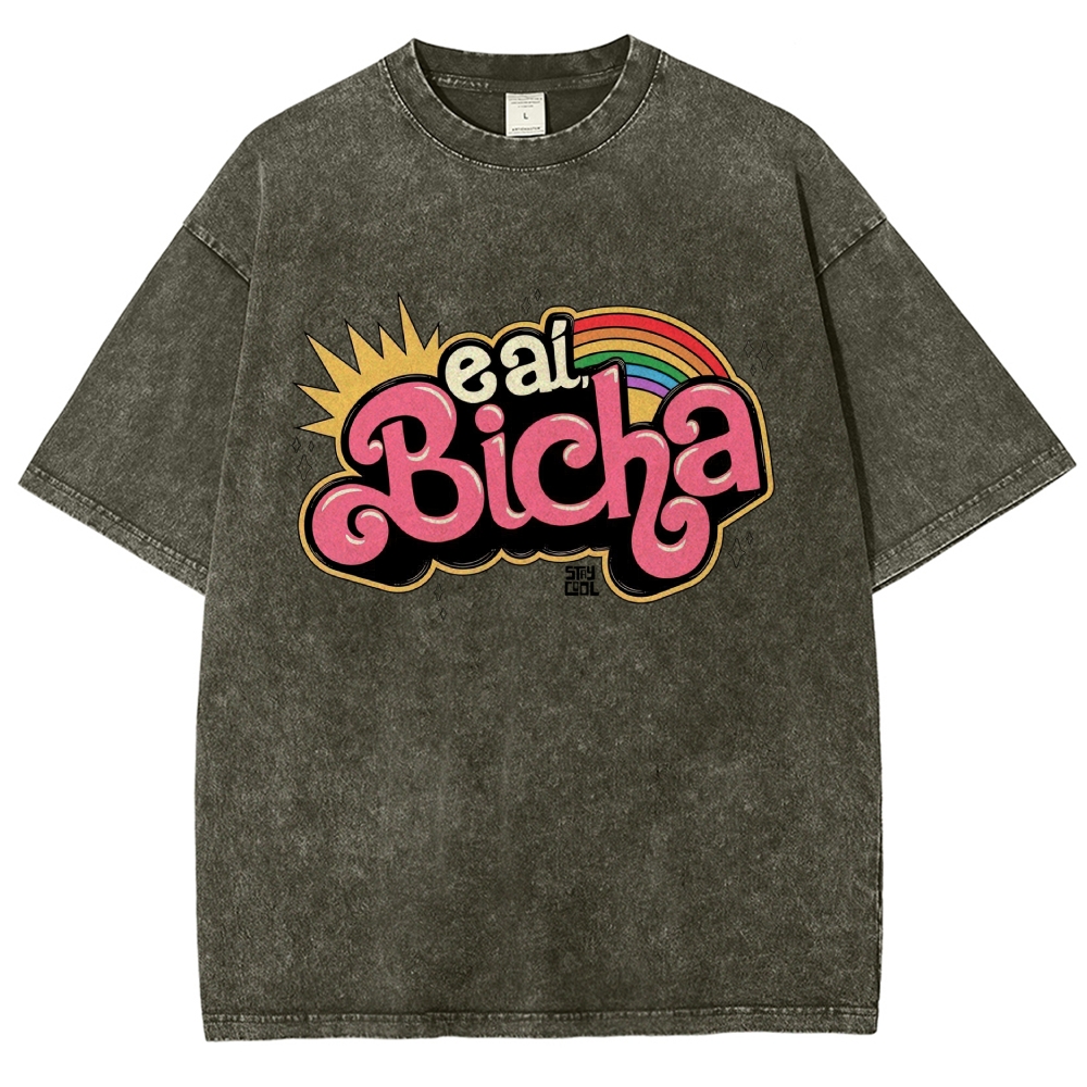 Retro Bubble Graffiti Rainbow Portuguese Slogan Washed T-Shirt