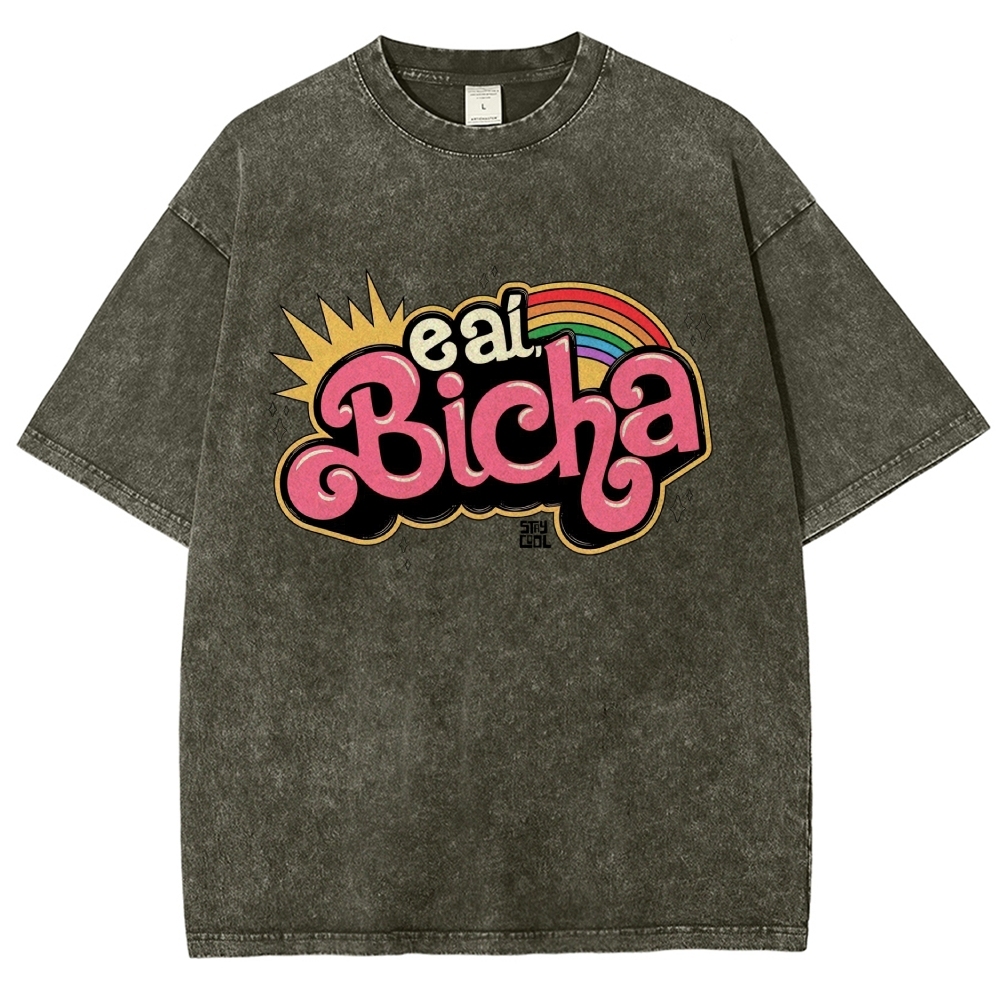 Retro Bubble Graffiti Rainbow Portuguese Slogan Washed T-Shirt