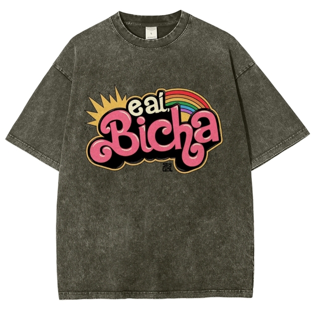 Retro Bubble Graffiti Rainbow Portuguese Slogan Washed T-Shirt
