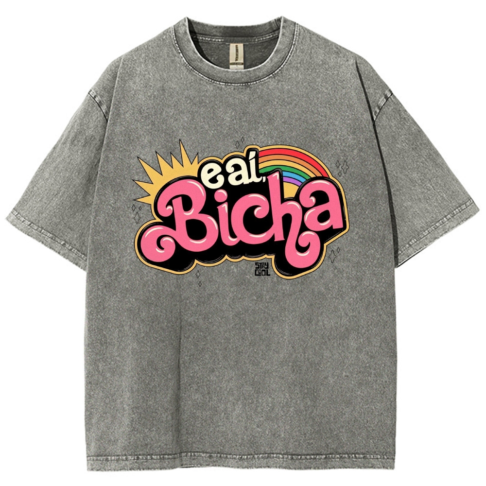 Retro Bubble Graffiti Rainbow Portuguese Slogan Washed T-Shirt