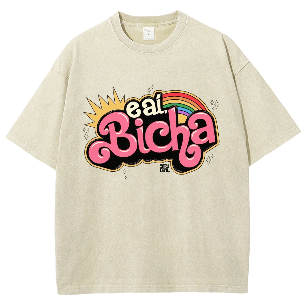 Retro Bubble Graffiti Rainbow Portuguese Slogan Washed T-Shirt
