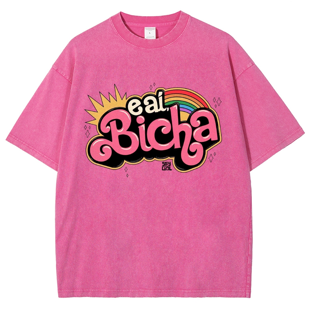 Retro Bubble Graffiti Rainbow Portuguese Slogan Washed T-Shirt