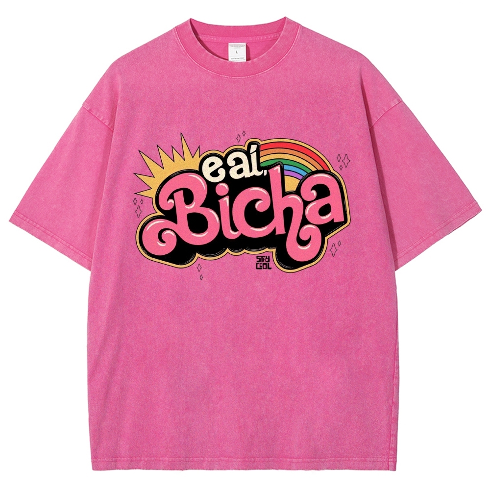 Retro Bubble Graffiti Rainbow Portuguese Slogan Washed T-Shirt